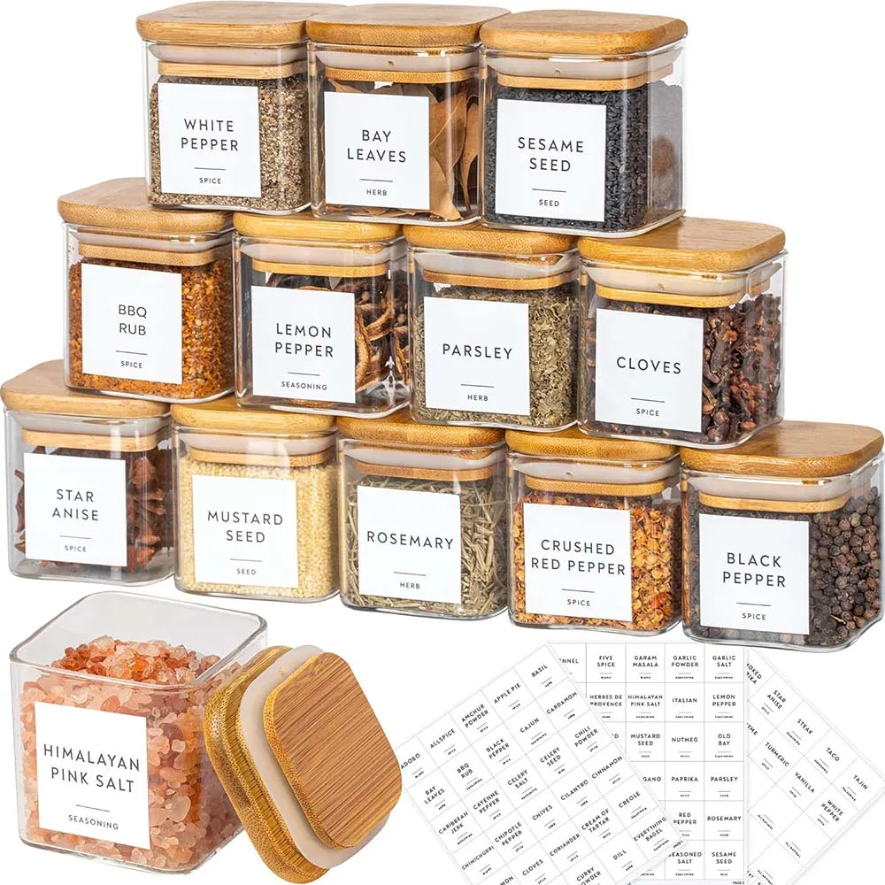 Food Storage Jar Labels - 5oz Square Spice Jars with Bamboo